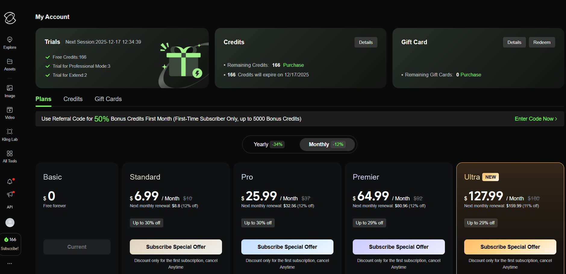 Kling AI abonelik butonu ekran görüntüsü